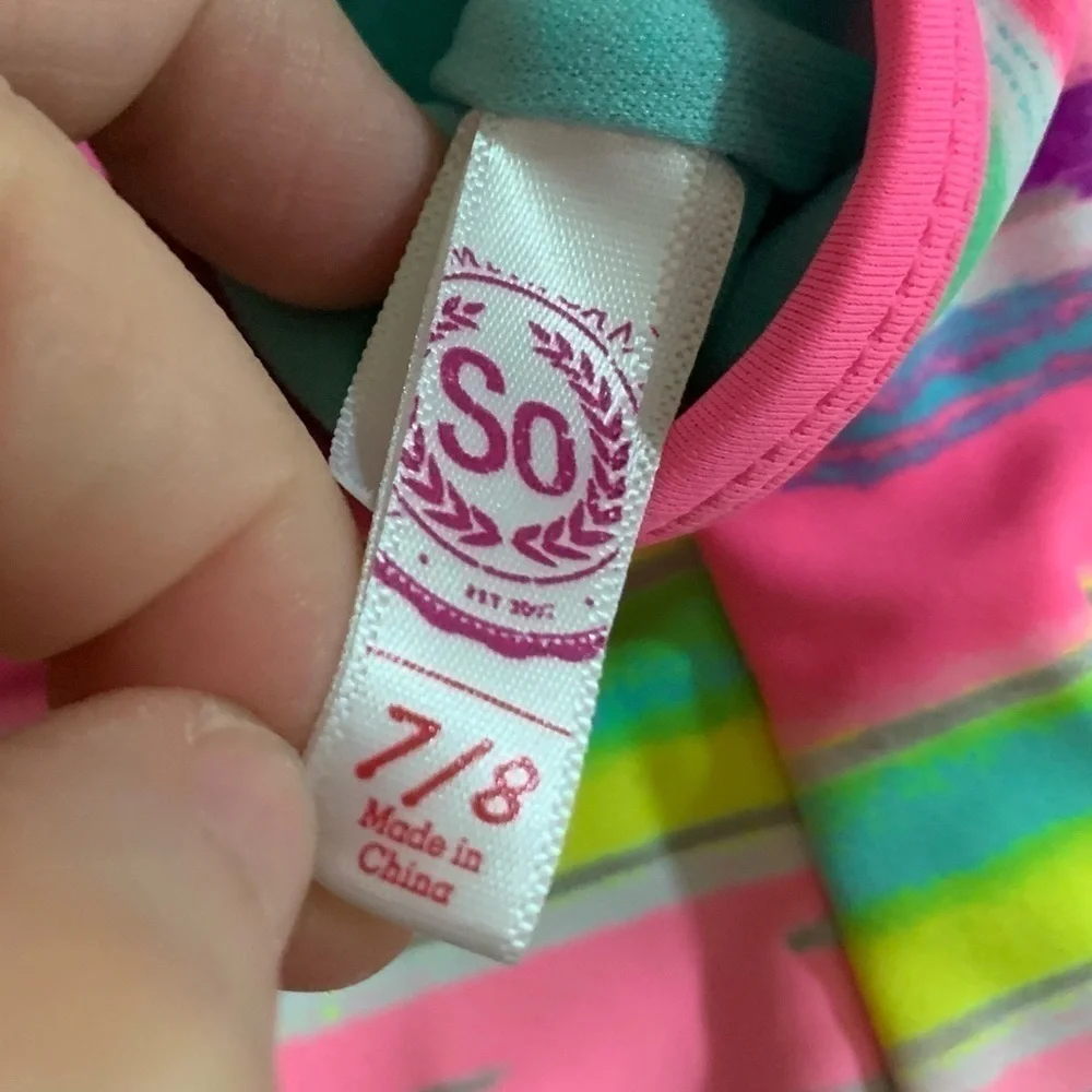 SO Fully Lined Pink Pastel Striped One-Piece Bathing/Swimsuit. Size 7/8